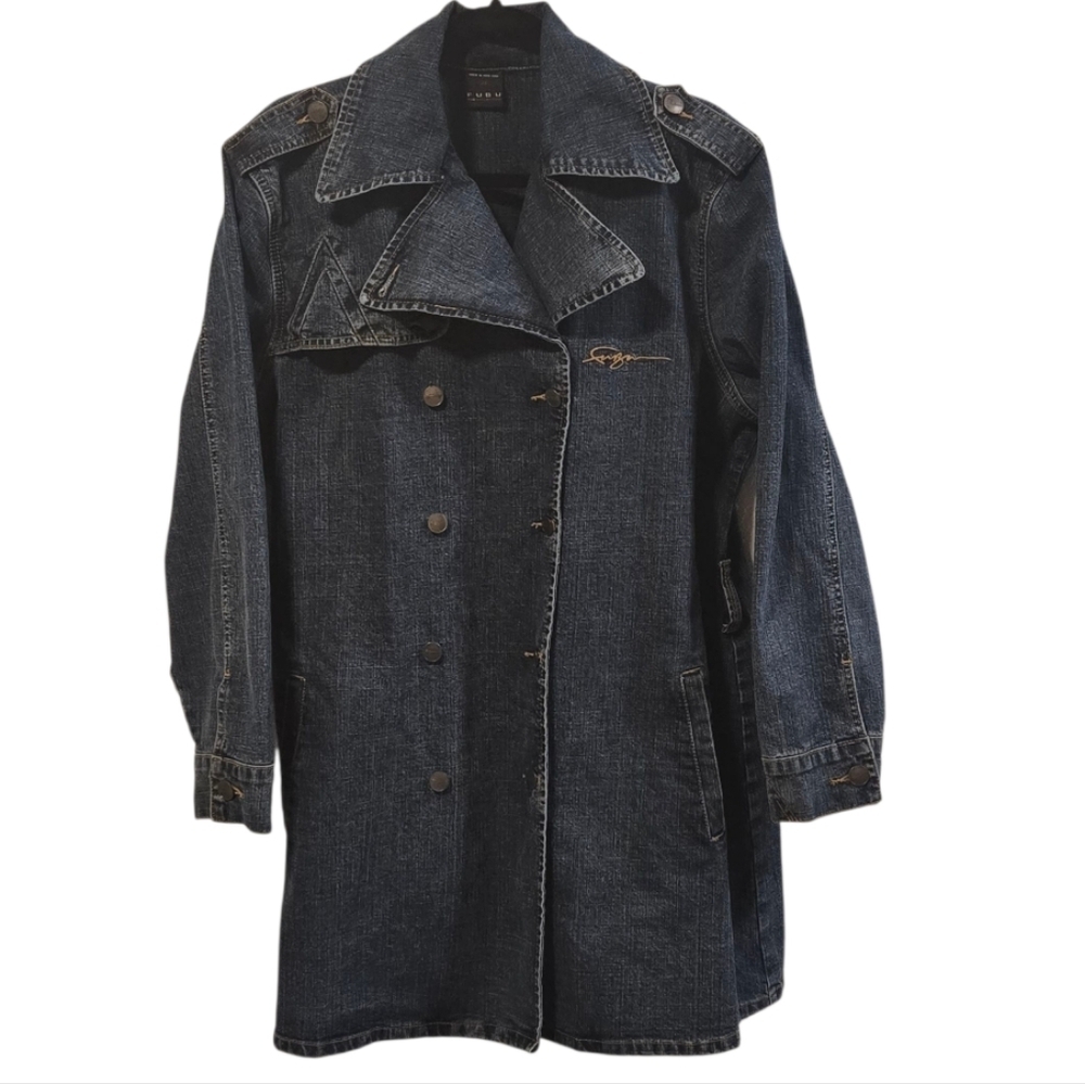 Vintage Fubu Denim Double Breasted Belt Trench Coat Size 2X